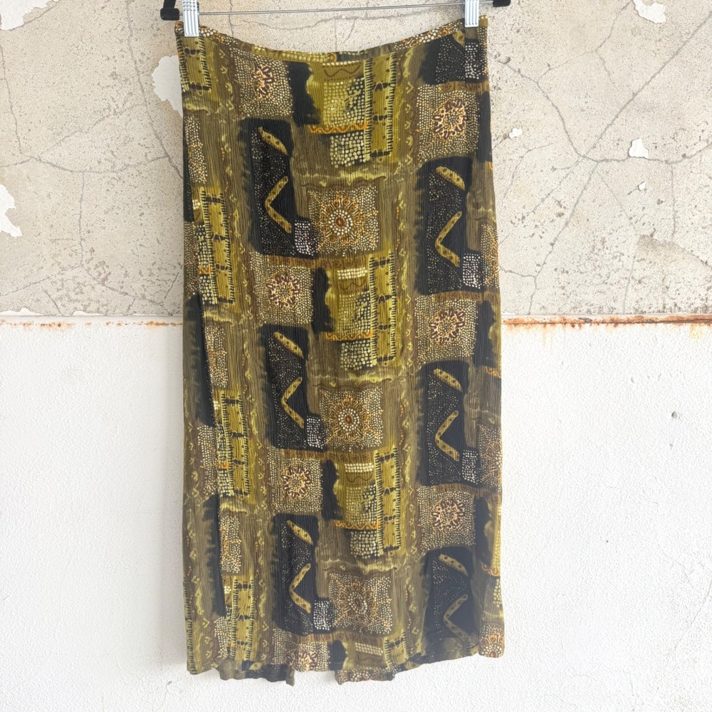 Vtg 90s Midi Skirt Rayon Boho Abstract Print California Krush XL 90s Bohemian